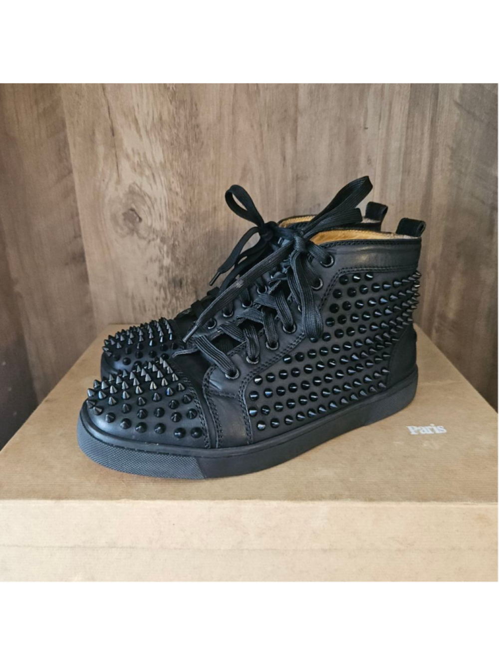 Christian Louboutin Louis Flat Calf Spike Sneakers Goth Black Red Bottom Mens 40